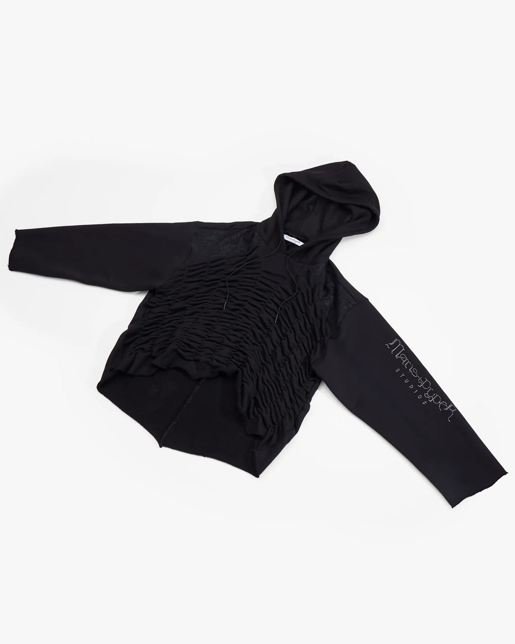 oversized black hoodie with ruched front and rhinestone motive