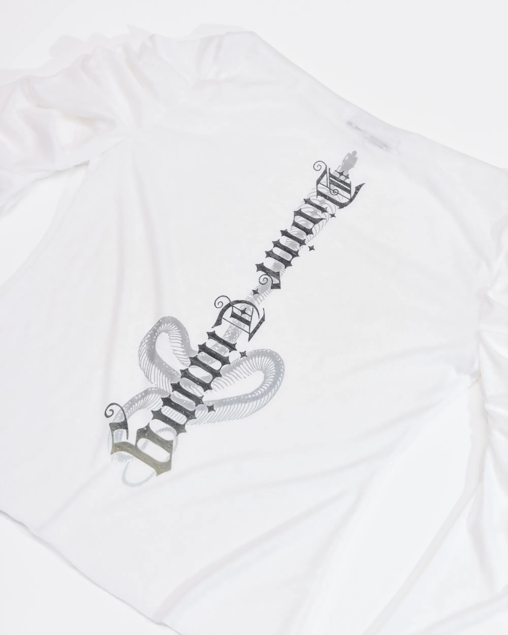back print of white longsleeve top with ruched sleeves 