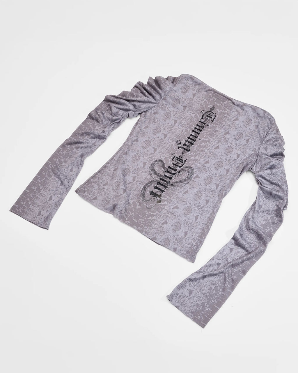 back view of grey longsleeve top with ruched sleeves and back print