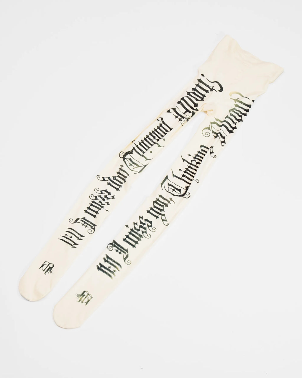 white tights with font printed on