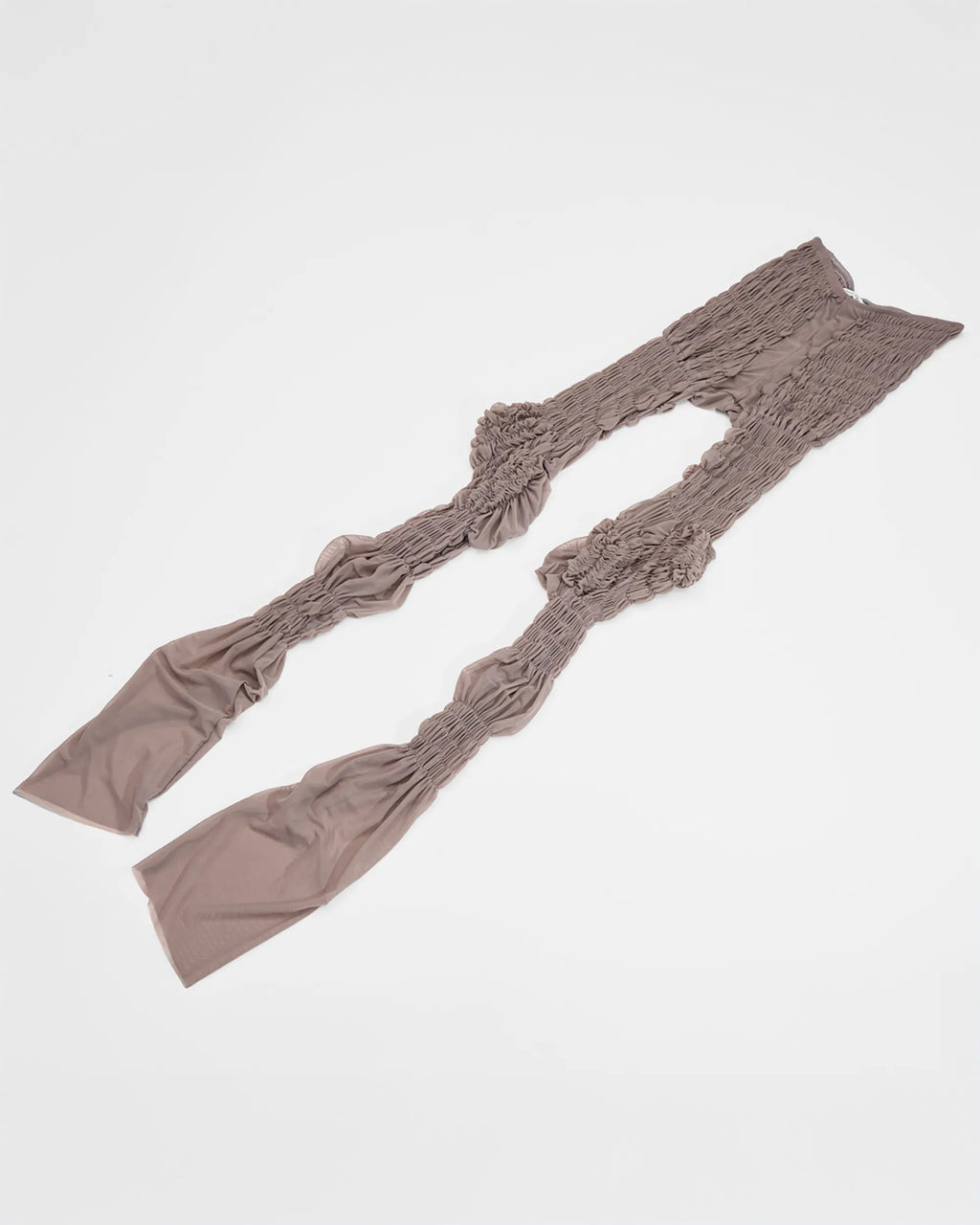 allover shirred taupe sheer mesh leggings
