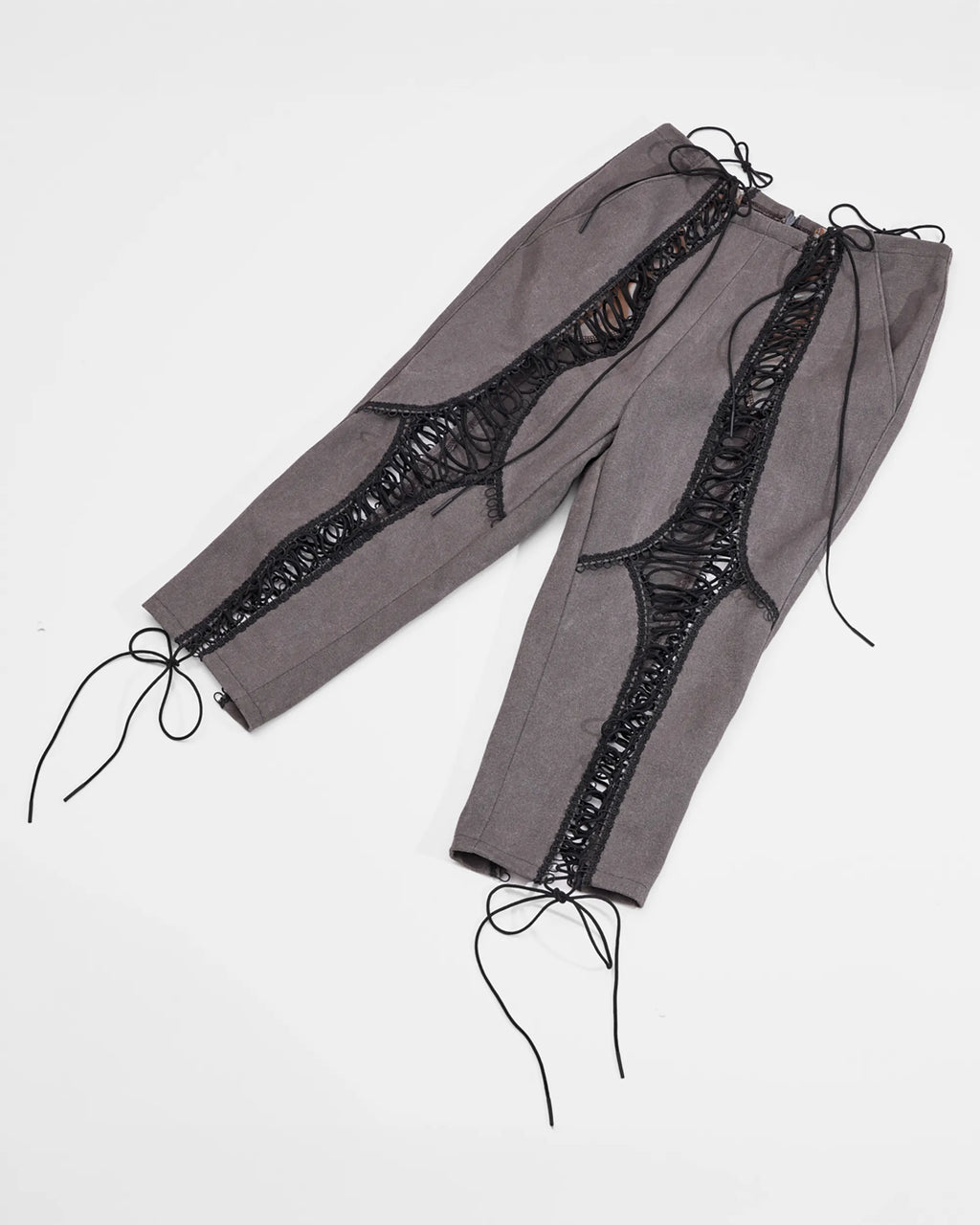 dark grey coated canvas lace up capri trousers 