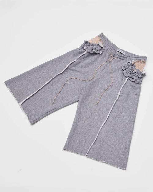 baggy grey sweat shorts with lace and ruching detail