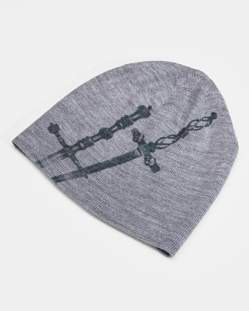 grey beanie with sword print