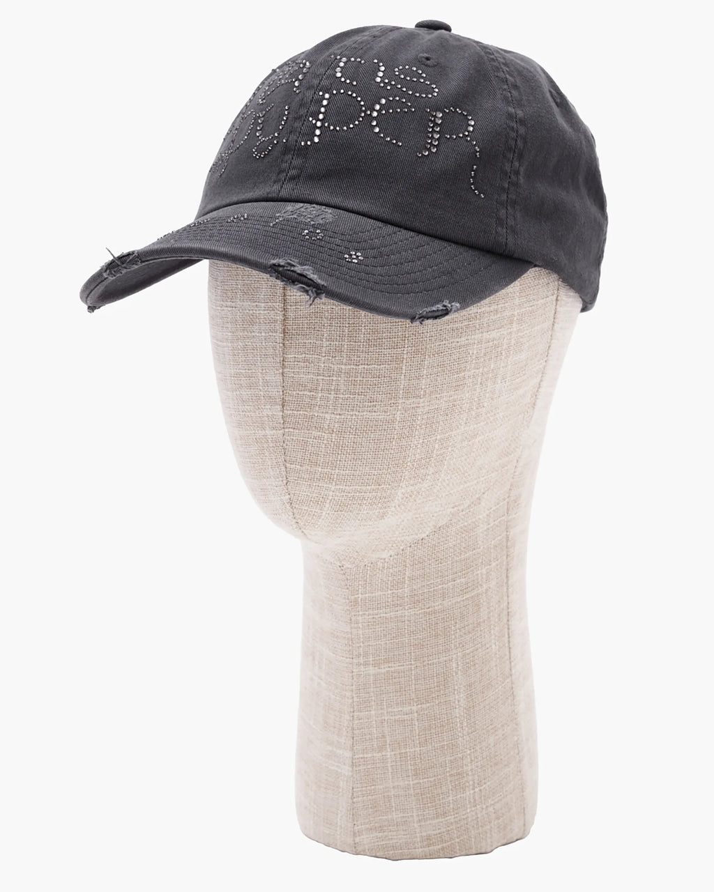 distressed dark grey base ball cap with rhinestones
