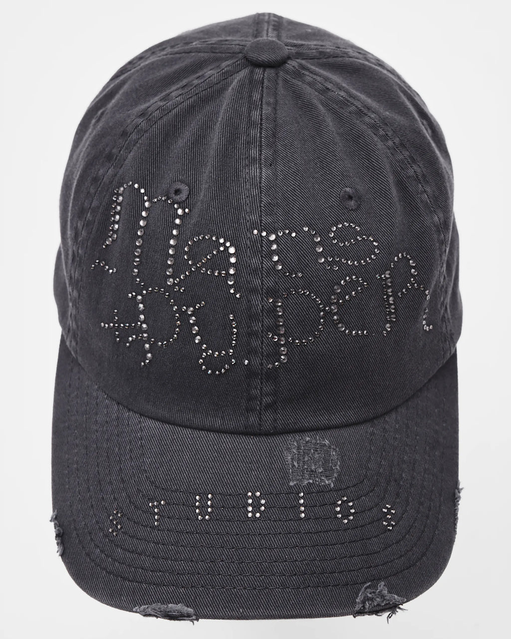 distressed dark grey base ball cap with rhinestones