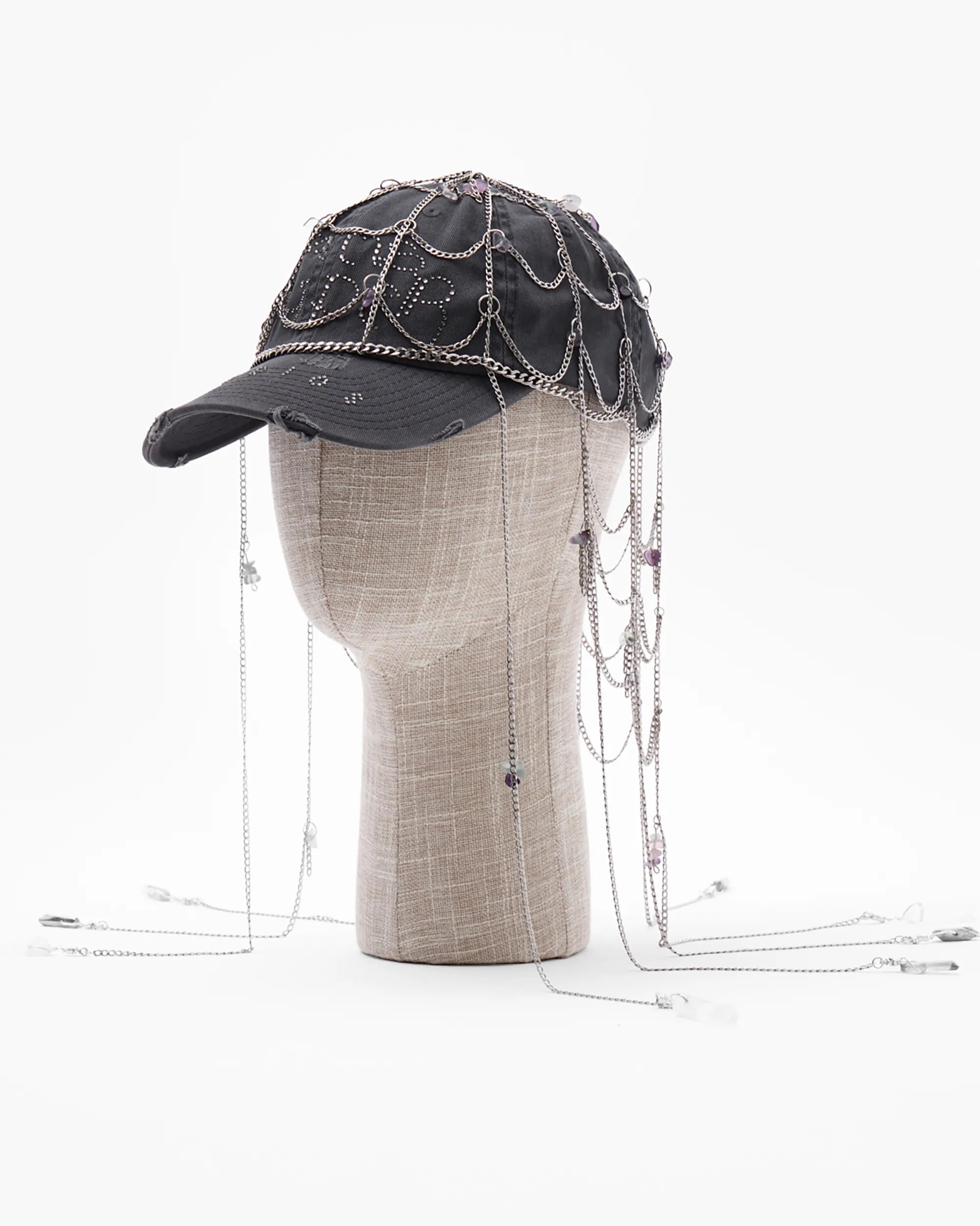 distressed dark grey base ball cap with chain cap 