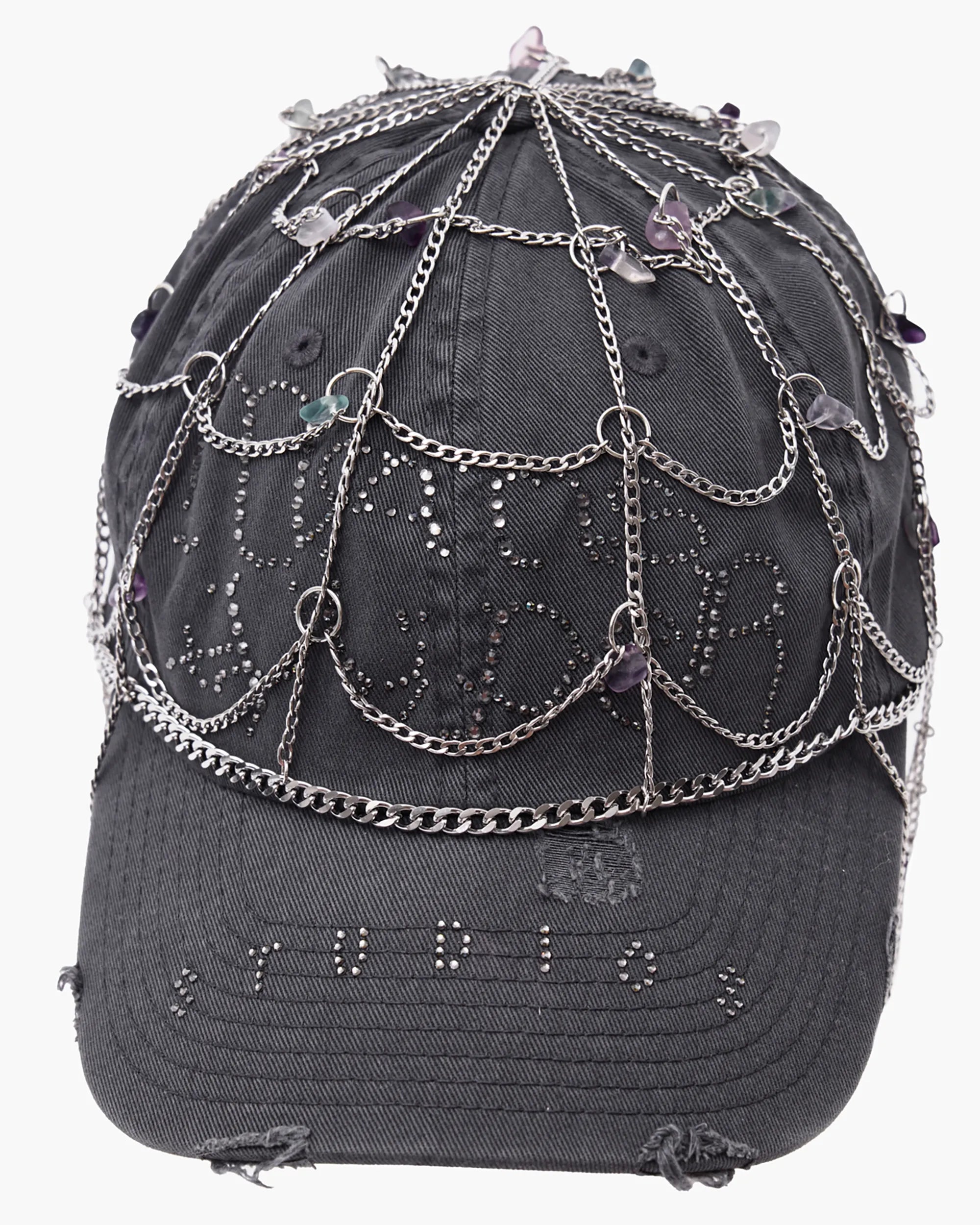 distressed dark grey base ball cap with chain cap 