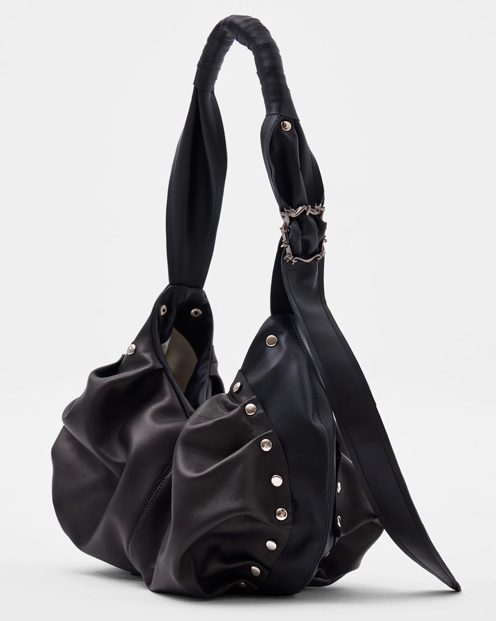 black leather shoulder bag with bespoke buckle and ruching